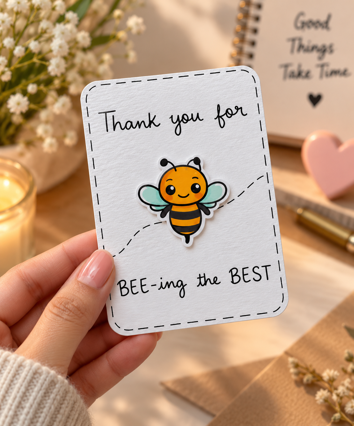 A hand holds a white greeting card with a cute cartoon bee and the text 'Thank you for BEE-ing the BEST'. The background shows a cozy desk setup with a candle, notebook, and flowers.