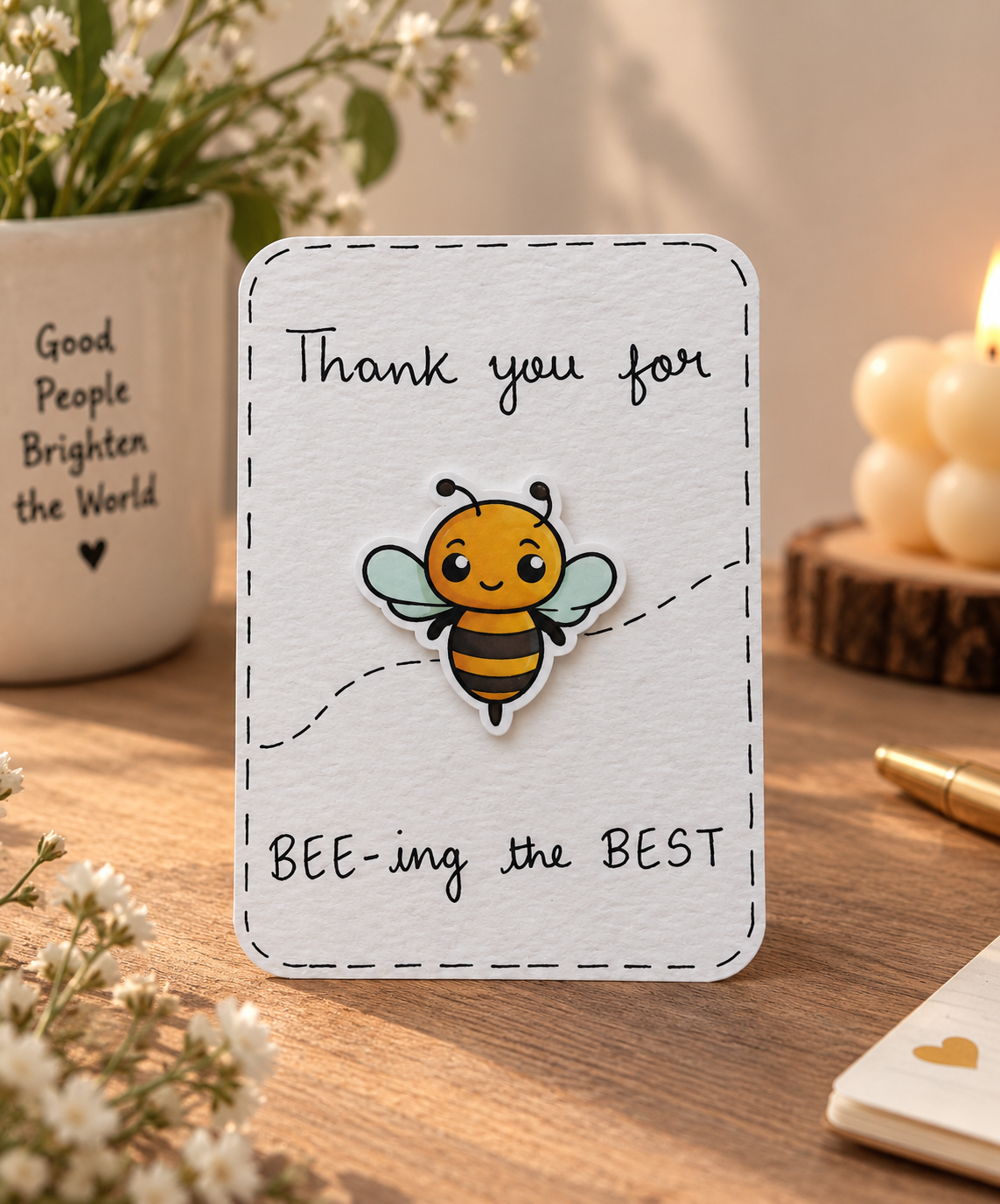A handmade white card with a cute cartoon bee sticker in the center, reading 'Thank you for BEE-ing the BEST' on a wooden desk with flowers and a candle in the background.
