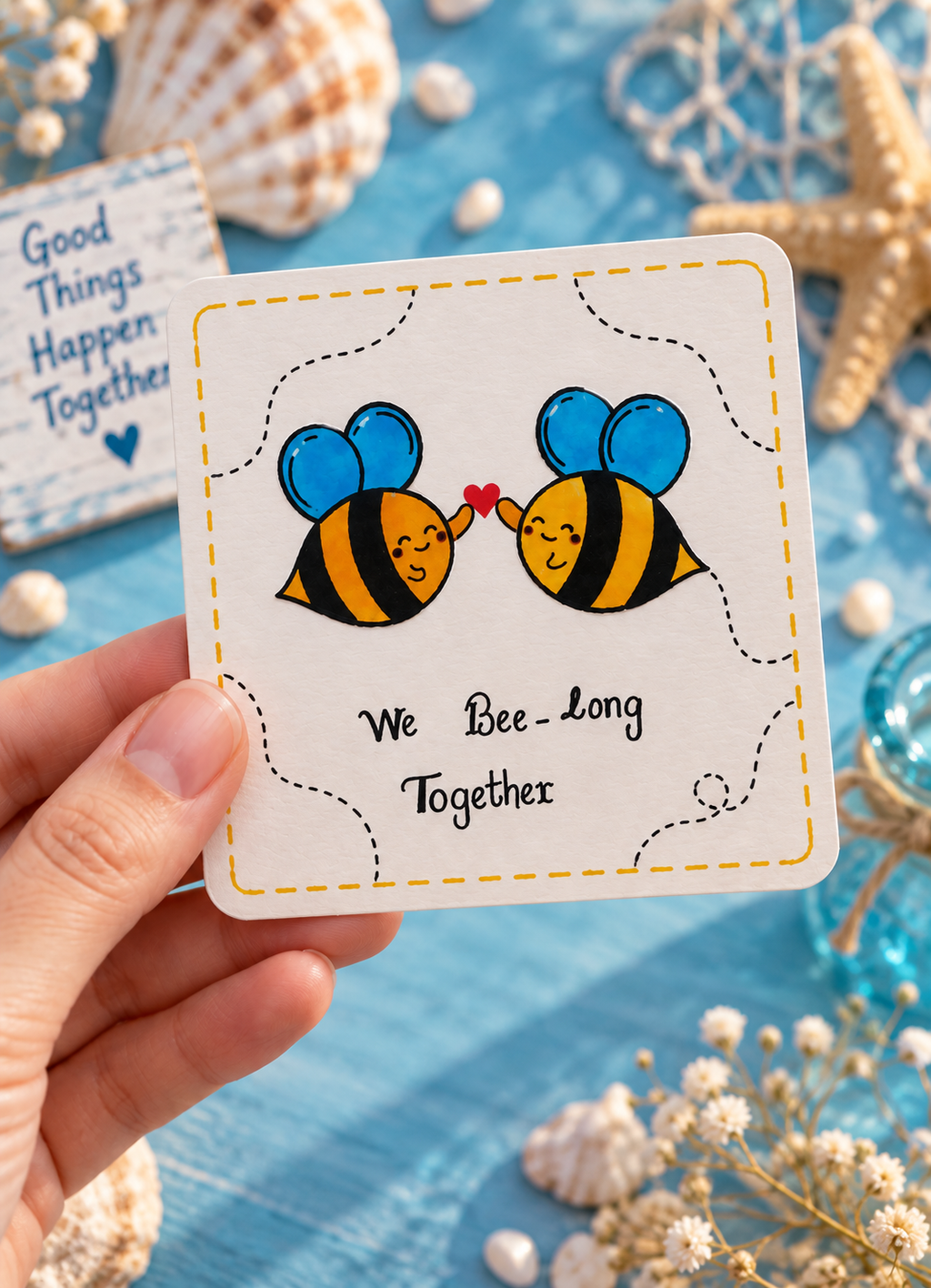 A hand holds a square white card with rounded corners featuring two cartoon bees holding a small red heart and the text 'We Bee-long Together.' The background is a styled blue surface with shells, starfish, and dried flowers.