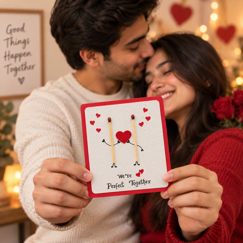 A couple holding a square white card with a red border. The card features a cute illustration of two matchsticks with arms and legs forming a heart shape, surrounded by small red hearts, with the text 'We're Perfect Together' at the bottom.