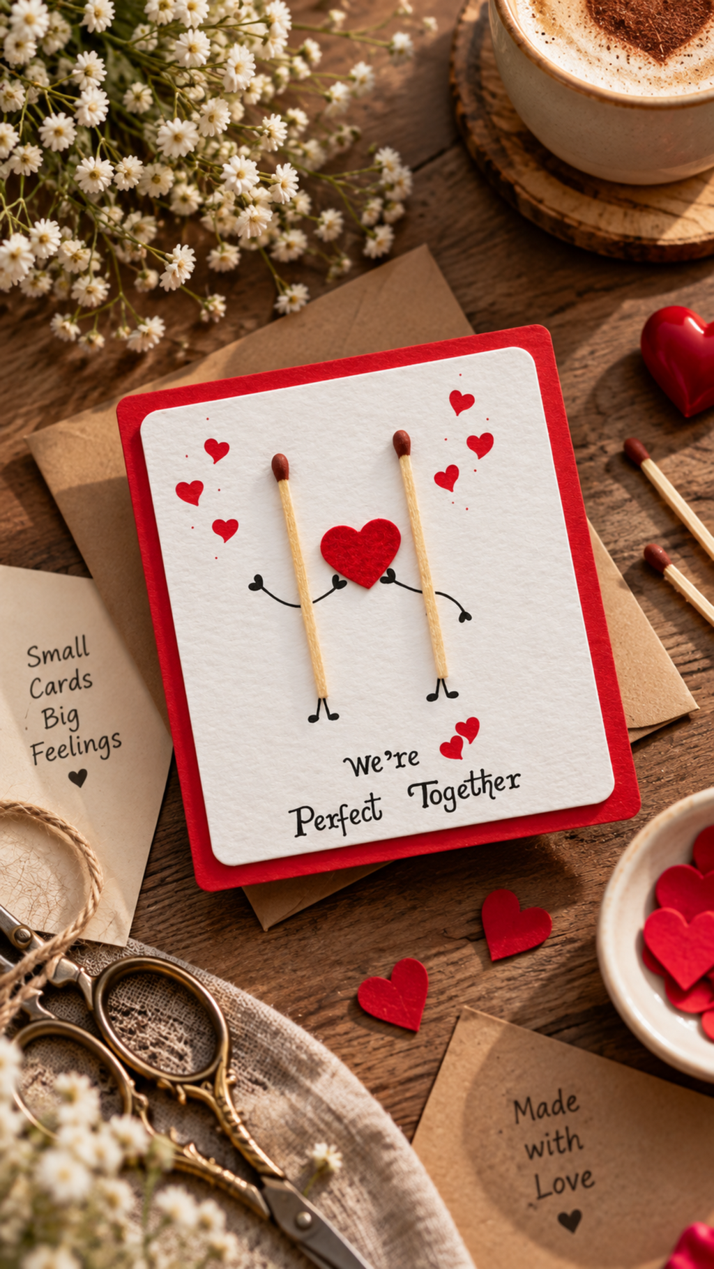 A square handmade greeting card with a red border and a white center, featuring two matchsticks holding a red heart and the words 'We're Perfect Together.' The card is styled on a wooden table with small white flowers, a cup of coffee, matchsticks, red heart cutouts, and kraft paper envelopes.