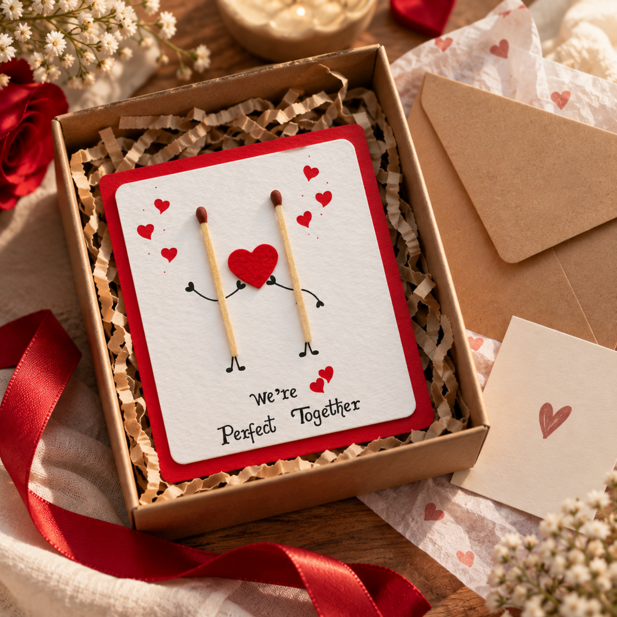 A square greeting card with a red border and a white center, placed in a brown gift box with crinkle paper. The card shows two matchsticks with arms and legs holding a red heart, surrounded by small red hearts and the words 'We're Perfect Together.