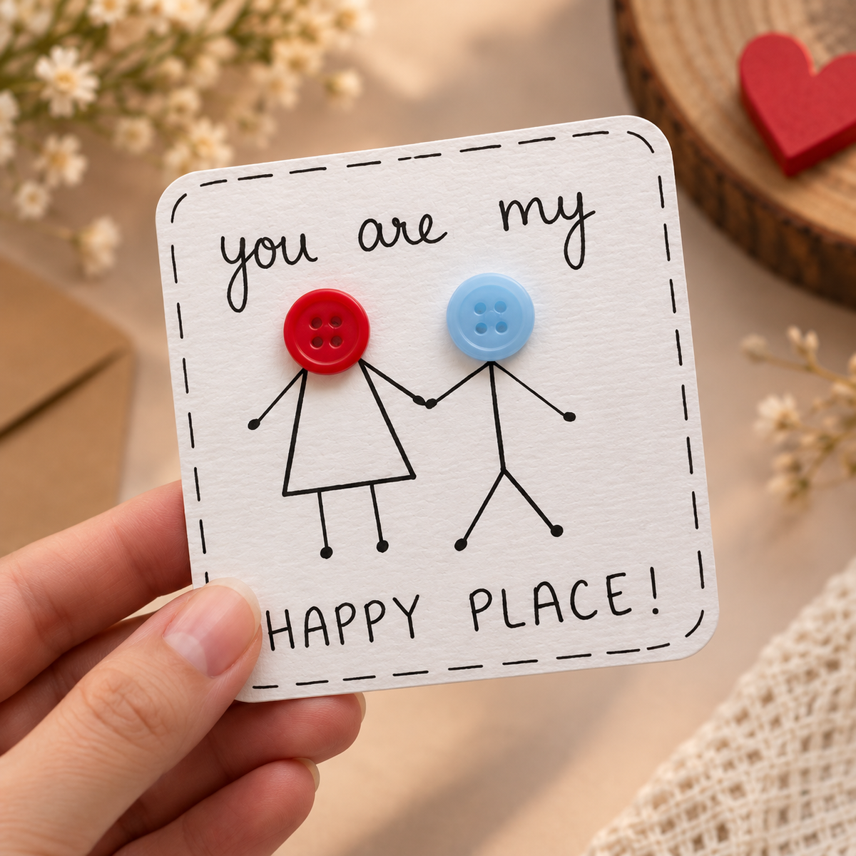 A hand holds a square white card with a cute cartoon design of two stick figures holding hands, with one figure having a red button head and the other having a blue button head. The card reads 'you are my HAPPY PLACE!'.