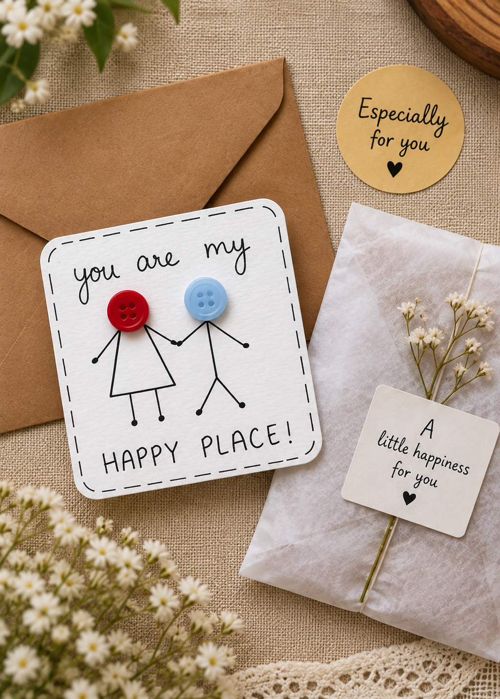 A styled flat-lay of a handmade greeting card and matching gift packaging on a burlap background. The main product is a white square card with a dashed border, featuring a simple stick figure drawing holding red and blue buttons, with the text 'you are my HAPPY PLACE!'.