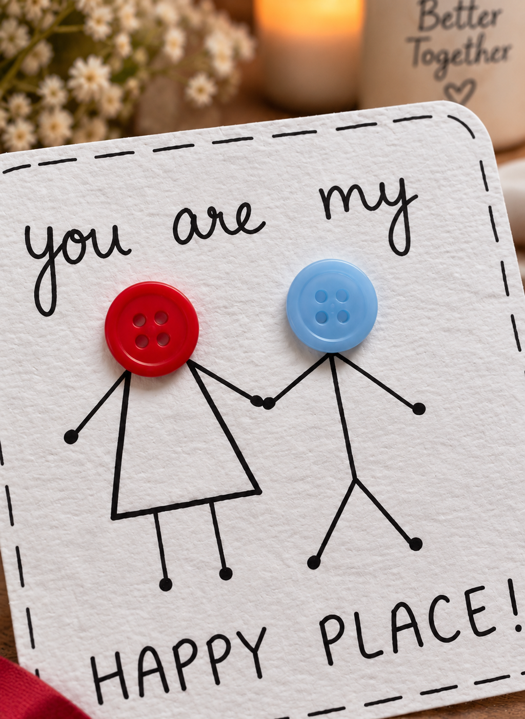 A handmade greeting card with a white textured background, featuring a hand-drawn stick figure design with one figure having a red button head and the other having a blue button head, holding hands. The text reads 'you are my HAPPY PLACE!'.
