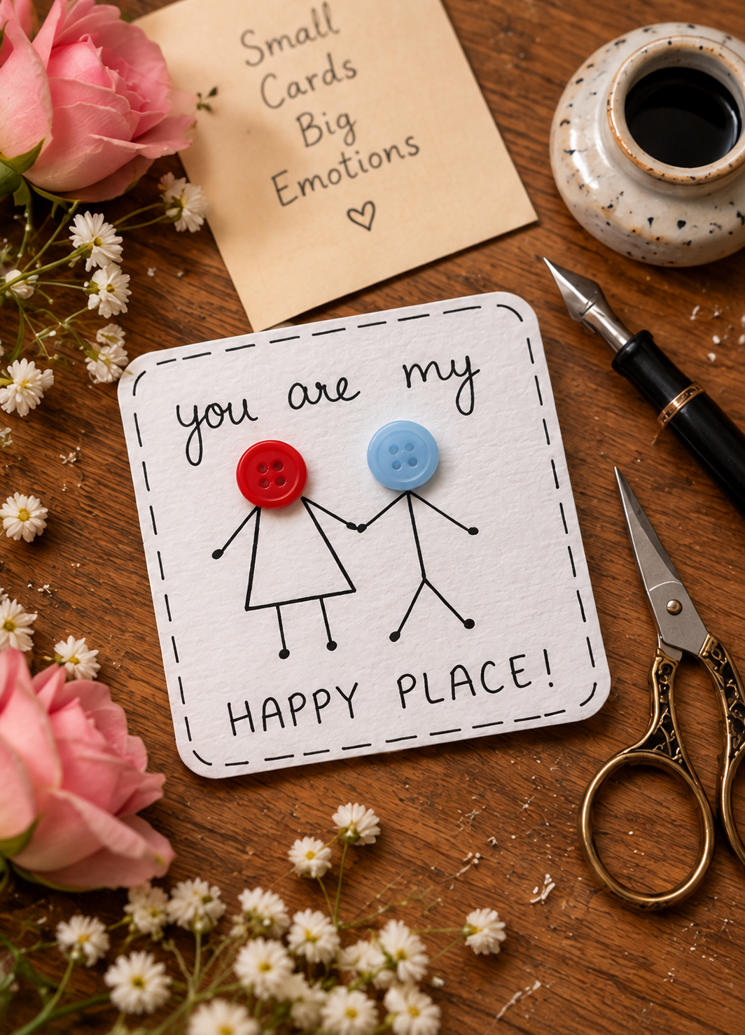 A handmade square card with a white background and dashed border, featuring a black stick figure design with one red button head and one blue button head holding hands. The card reads 'you are my HAPPY PLACE!' in black script.