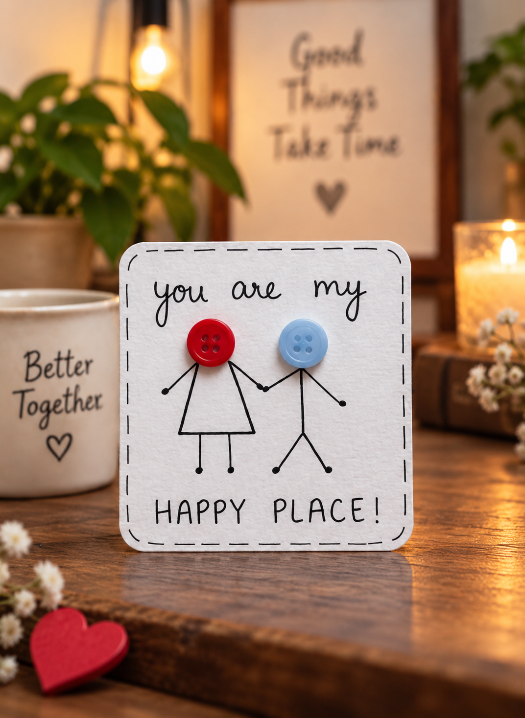 A square white decorative sign with a black stitched border and a hand-drawn couple holding hands, featuring a red button for the woman's head and a blue button for the man's head. The sign reads 'you are my HAPPY PLACE!'.