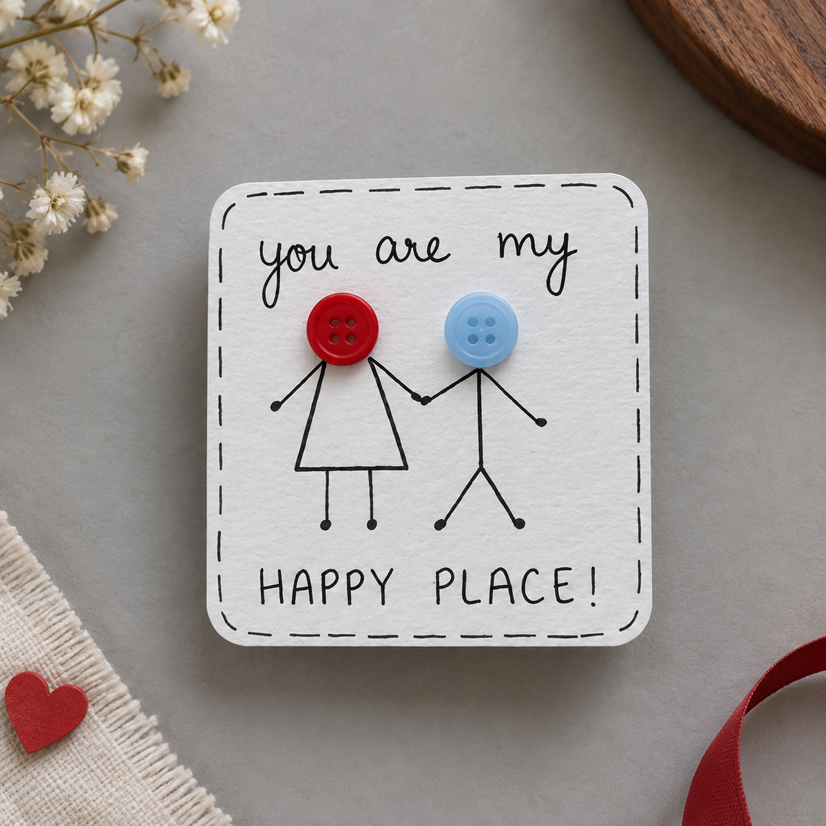 A square white card with rounded corners featuring a hand-drawn stick figure couple holding hands. The woman's head is a red button and the man's head is a light blue button.