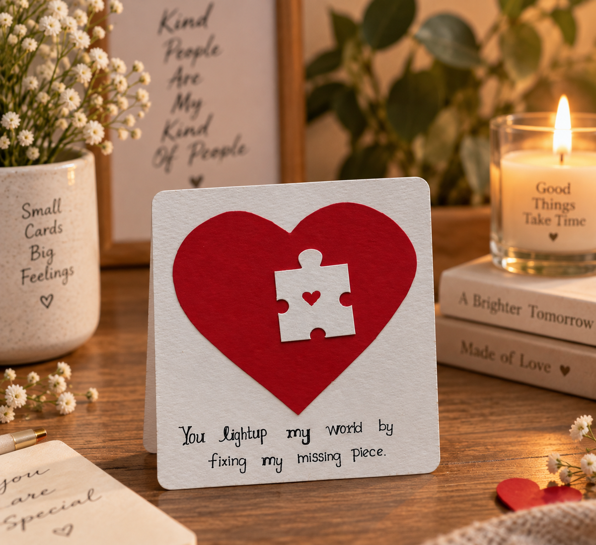 A square white greeting card with a large red heart and a white puzzle-piece cutout in the center, placed on a wooden table with a lit candle, books, flowers, and other cards in the background.