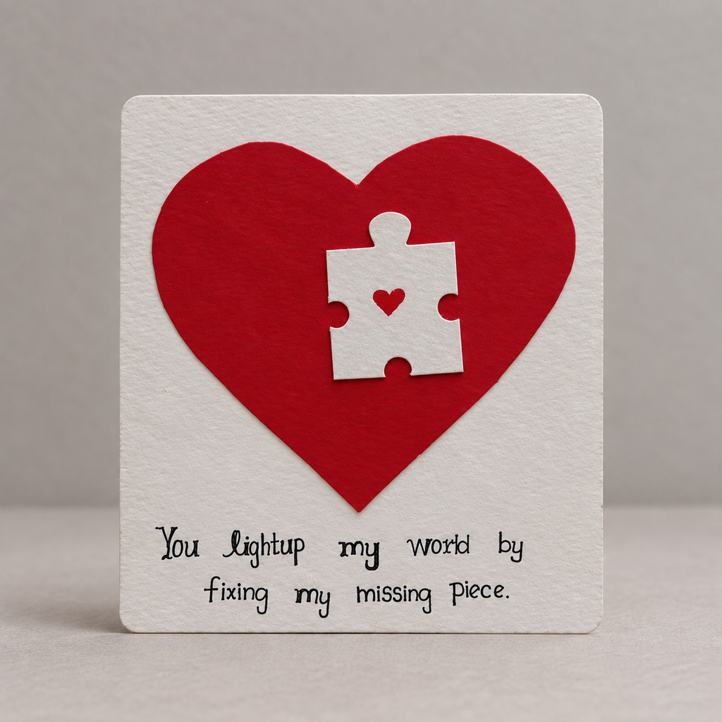A square white card with a large red heart, a white puzzle-piece cutout in the center, and black handwritten text that reads, 'You lightup my world by fixing my missing piece.' The card is photographed against a soft gray background.