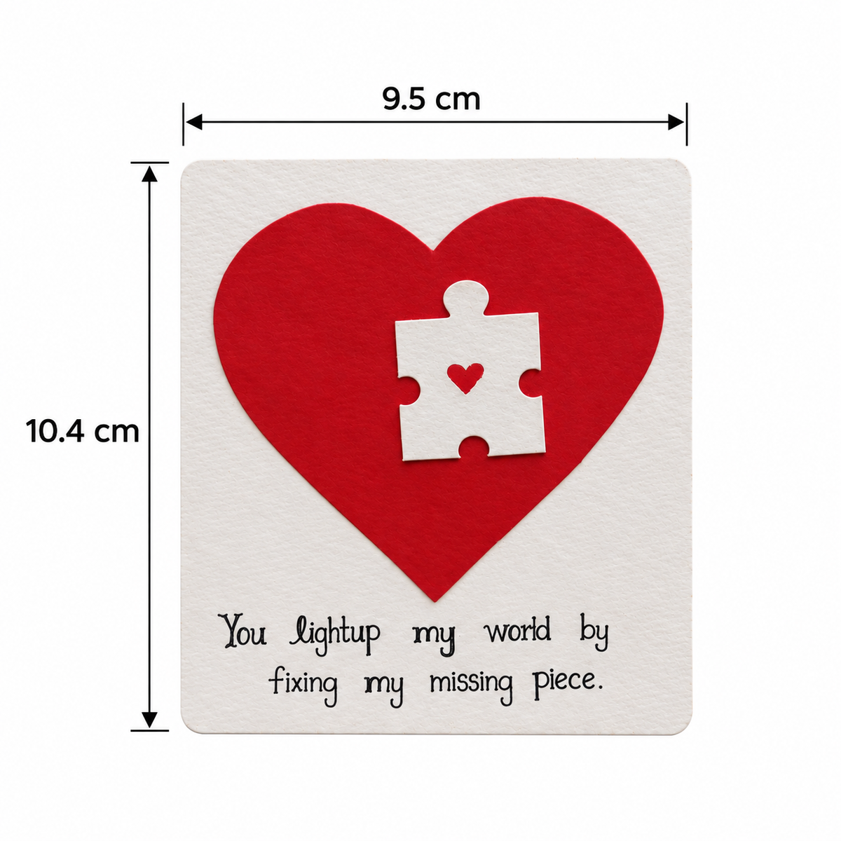 Square greeting card shown with dimension markers indicating 9.5 cm width and 10.