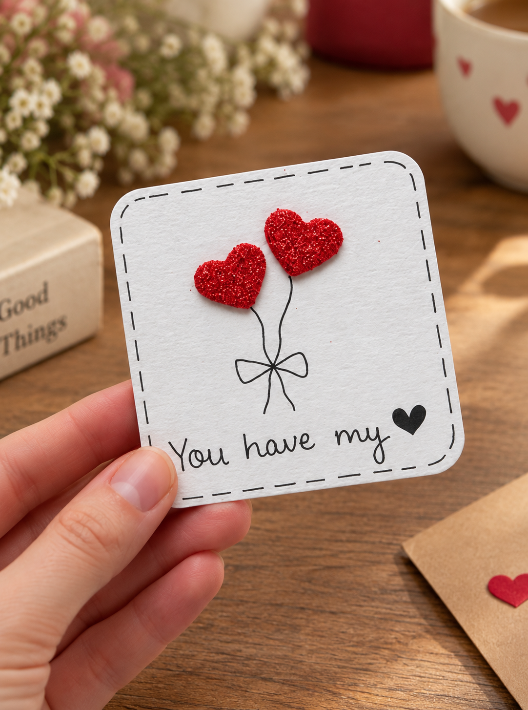 A hand holds a square white card with rounded corners, featuring two red glitter heart balloons tied with a black bow and the handwritten text 'You have my' with a small black heart. The background shows a warm wooden table with blurred flowers and a cup.