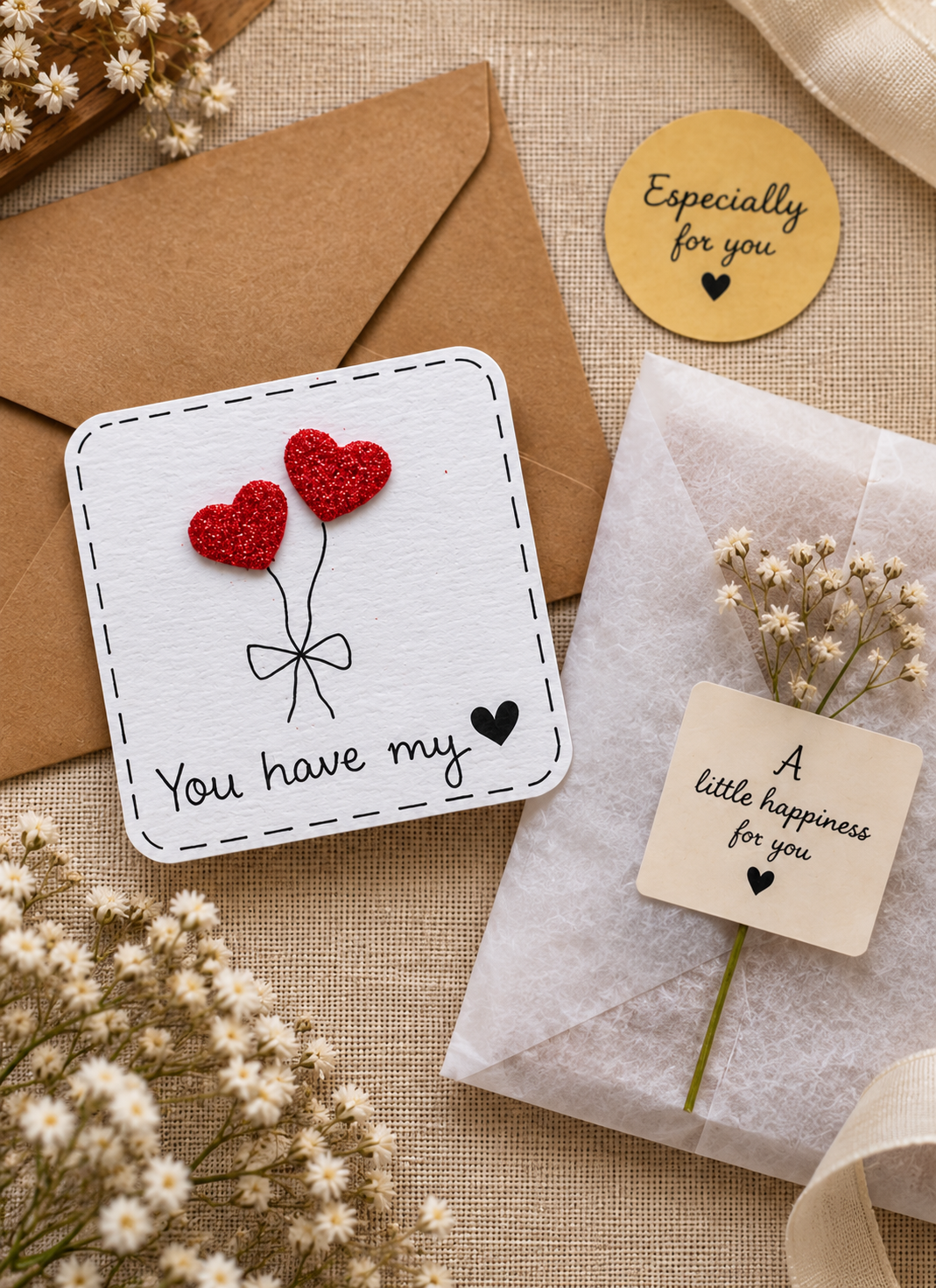 A styled flat-lay of greeting cards and envelopes on a beige fabric background. The main product is a square white card with a dashed border, featuring two red glitter hearts and the words 'You have my'.