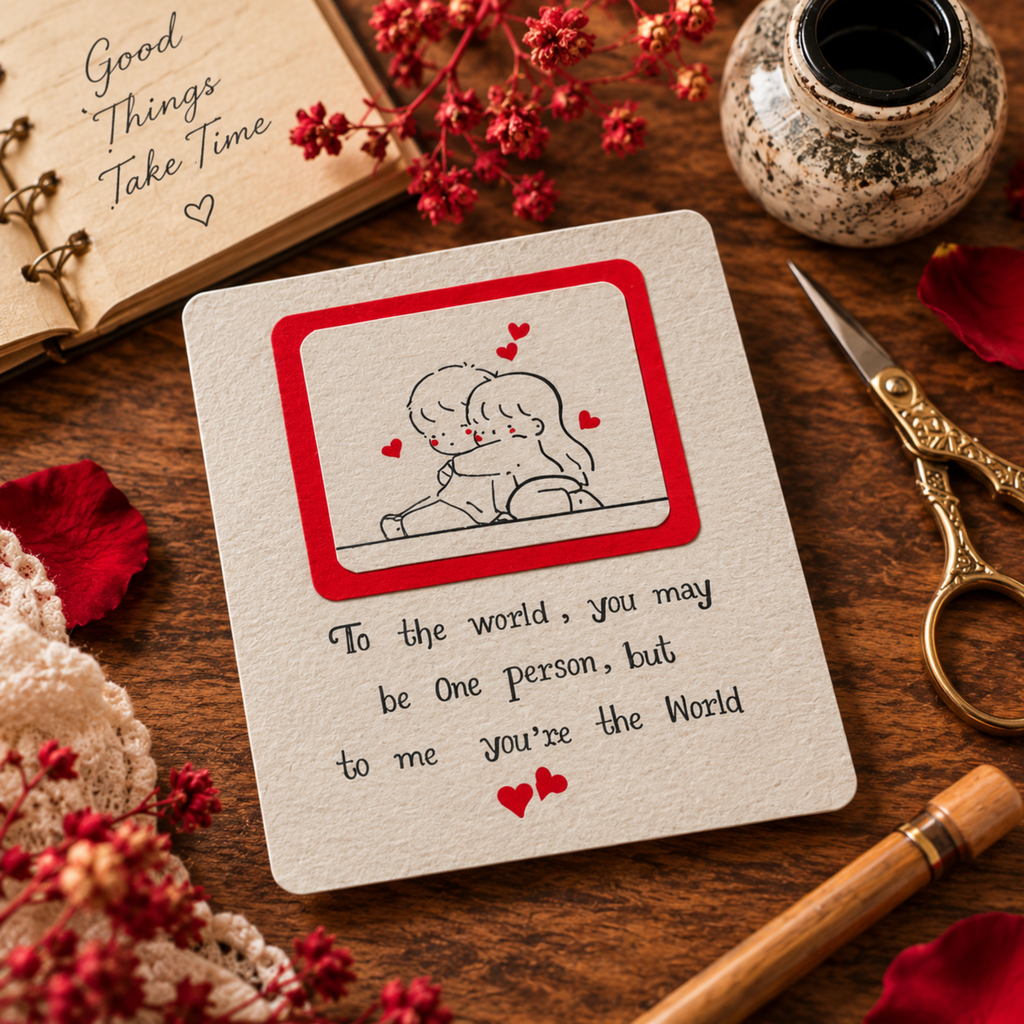 A square cream-colored card with a red border and a line drawing of a couple, placed on a wooden desk surrounded by red flowers, scissors, an ink bottle, and an open notebook.