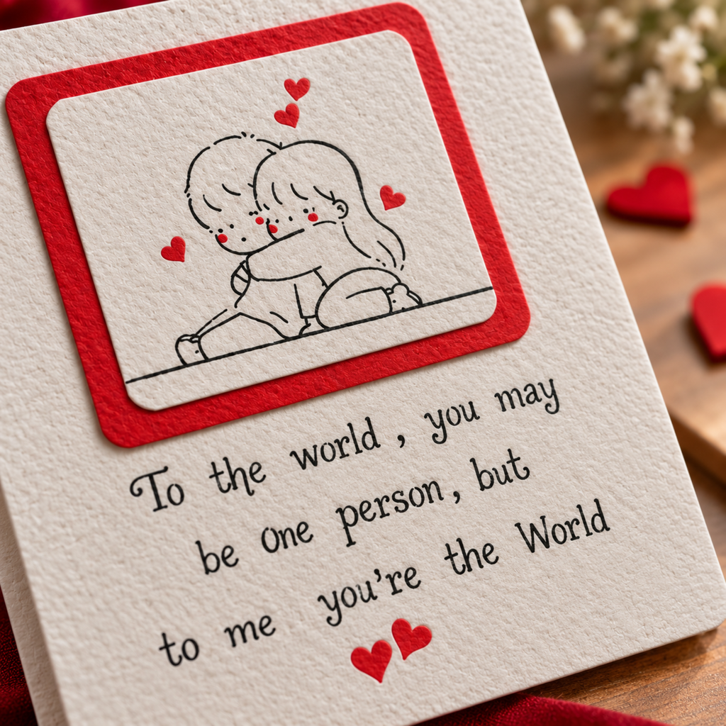 Close-up of a handmade romantic greeting card showing a cute couple illustration, textured paper details, red heart border, and the message “To the world, you may be one person, but to me you’re the World.”