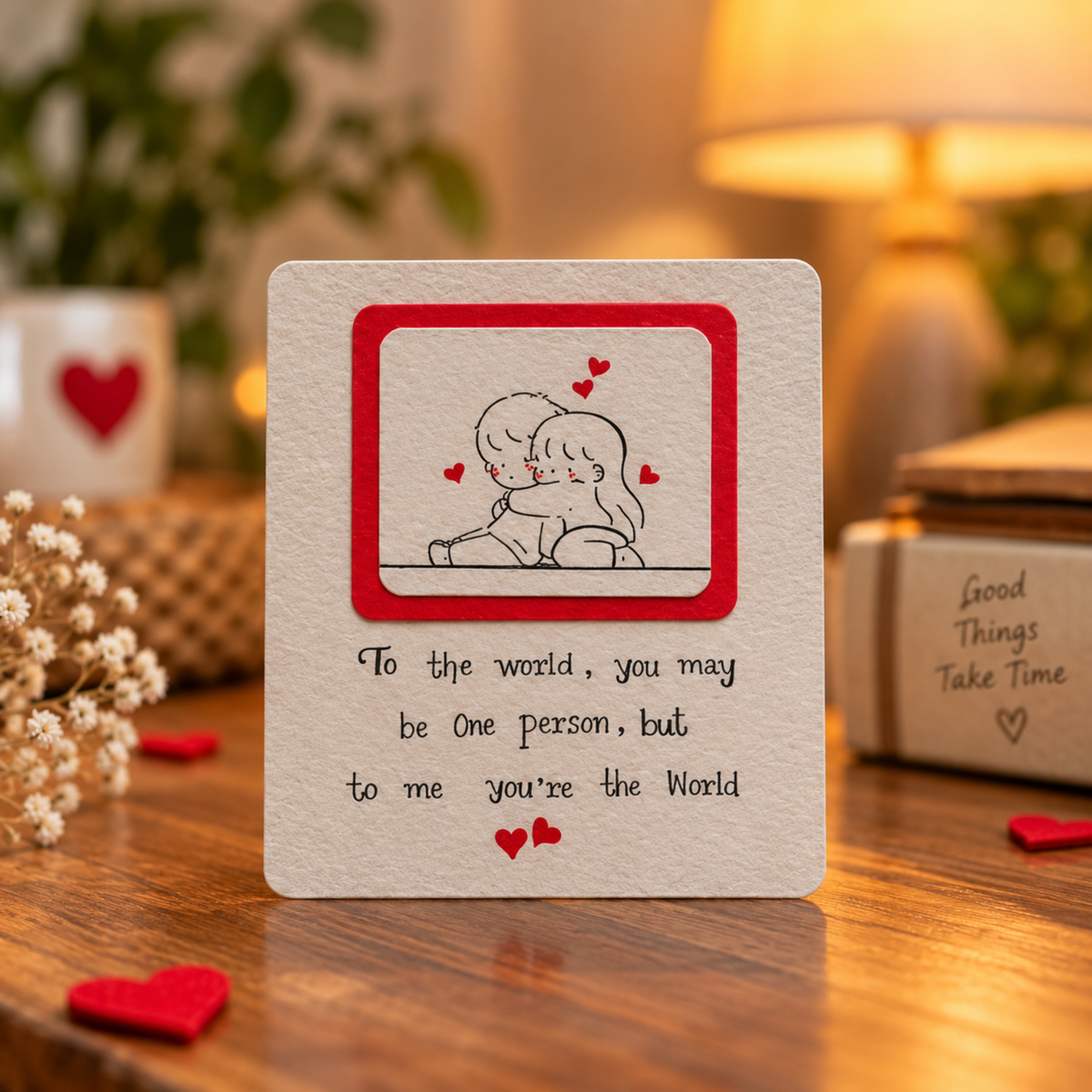 Lifestyle photo of a handmade romantic greeting card featuring a cute couple illustration, red heart border, and “To the world, you may be one person, but to me you’re the World” message, displayed on a warm wooden tabletop.