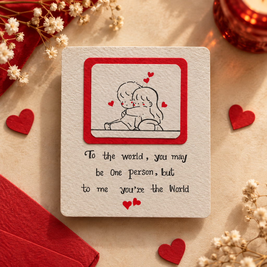 Handmade romantic greeting card with red heart frame, cute couple illustration and “To the world, you may be one person, but to me you’re the World” message on textured card stock.