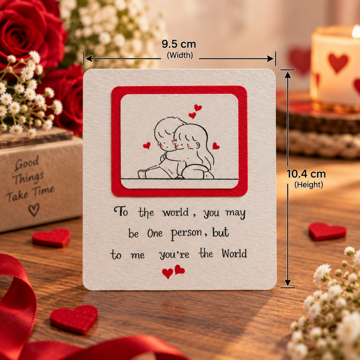 Size reference image of a handmade romantic greeting card showing its dimensions as 9.5 cm wide × 10.4 cm high, with a cute couple illustration, red heart border, and romantic message.