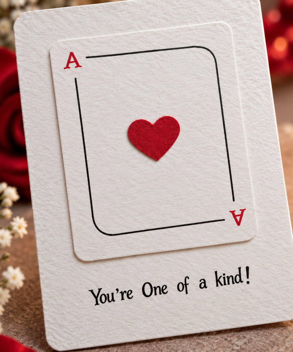A close-up of a white textured greeting card designed like an Ace of Hearts playing card, with a red heart in the center and the printed phrase 'You're One of a kind!' at the bottom. The card is photographed on a soft-focus surface with red and white flowers in the background.