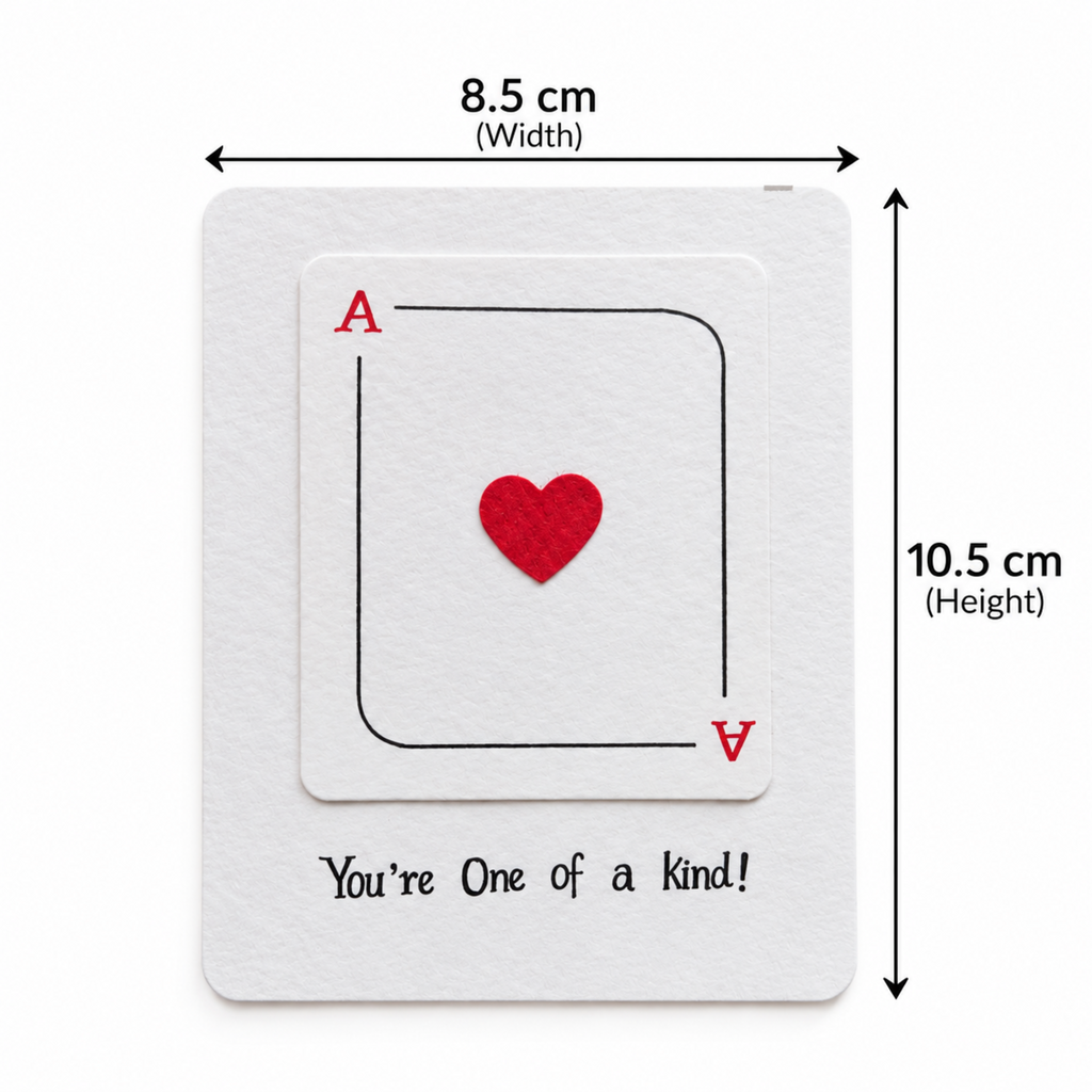 White rectangular card with a smaller inset card showing a red heart and black arc, plus printed text reading 'You're One of a Kind!' with dimension arrows indicating 8.5 cm width and 10.