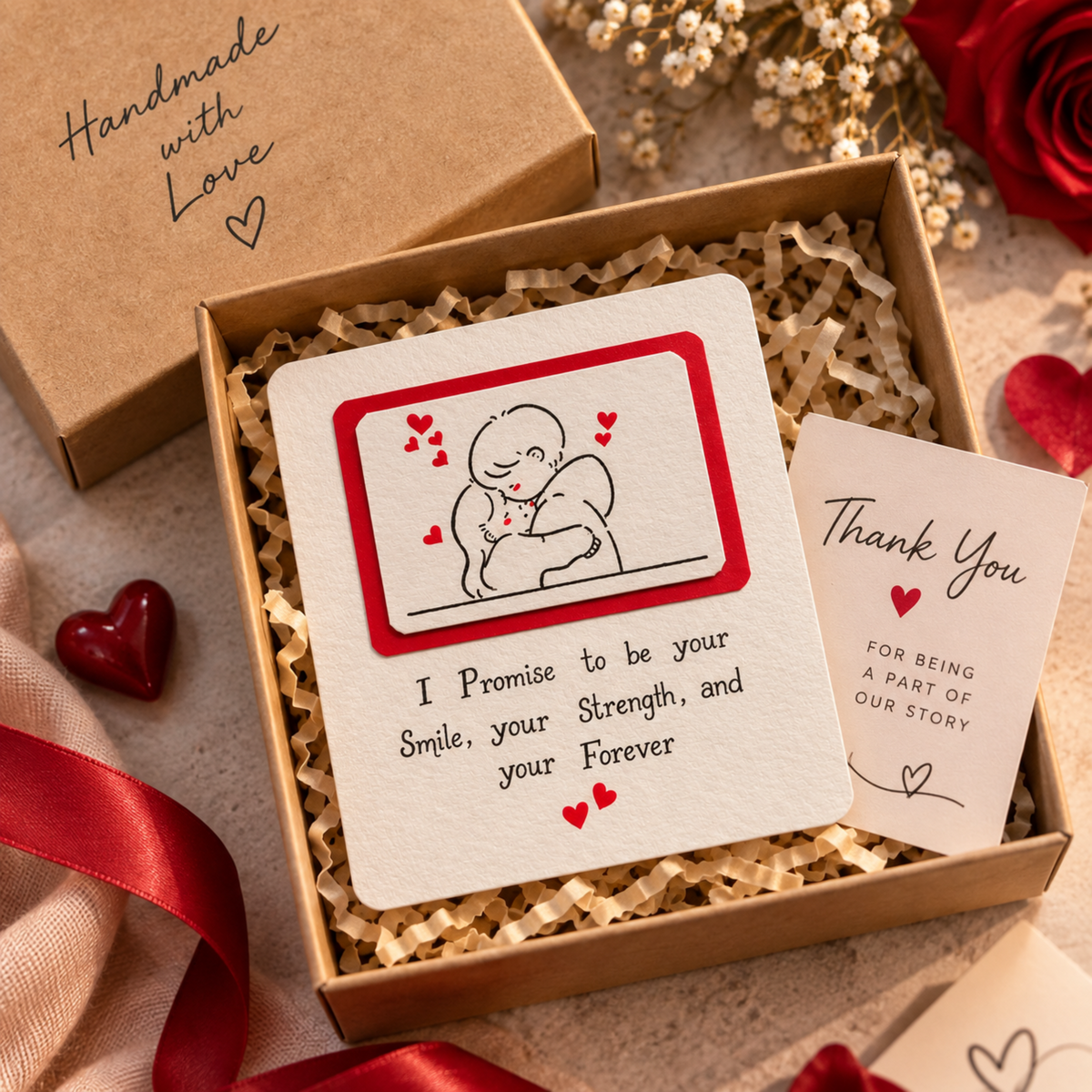 A square cream-colored card with a red border and a simple line drawing of a baby, placed inside a kraft gift box with shredded paper filler. A second card beside it reads, 'Thank You FOR BEING A PART OF OUR STORY.