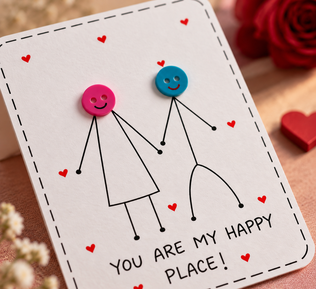 A handmade white greeting card with a black dashed border, featuring a simple stick figure illustration of a couple holding hands, one with a pink button head and one with a blue button head. Small red hearts are scattered around, and the card reads 'YOU ARE MY HAPPY PLACE!' at the bottom.