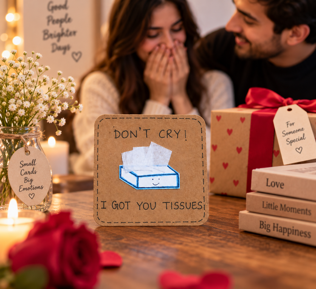 A square kraft paper gift box on a wooden table with a humorous message, 'DON'T CRY! I GOT YOU TISSUES!' printed on it with a cartoon tissue box illustration. In the background, a couple is seen smiling and crying happy tears, with a red heart-patterned gift box, candles, and romantic decorations around them.