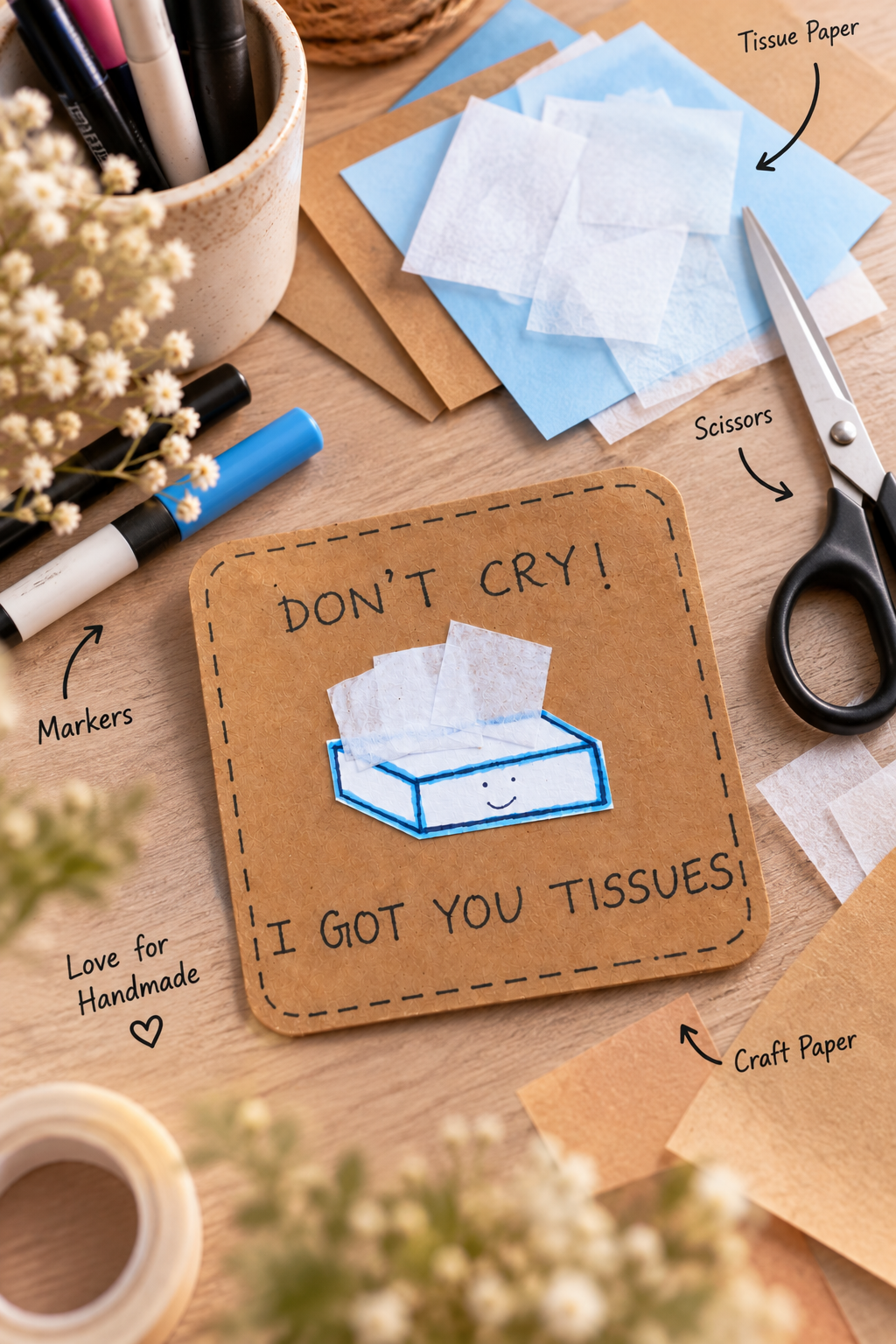 A handmade square brown kraft paper card with a stitched border, featuring a blue and white tissue box illustration and the text 'DON'T CRY! I GOT YOU TISSUES!'. The card is styled on a wooden desk with craft supplies including scissors, tissue paper, markers, and washi tape, with handwritten labels pointing to each item.