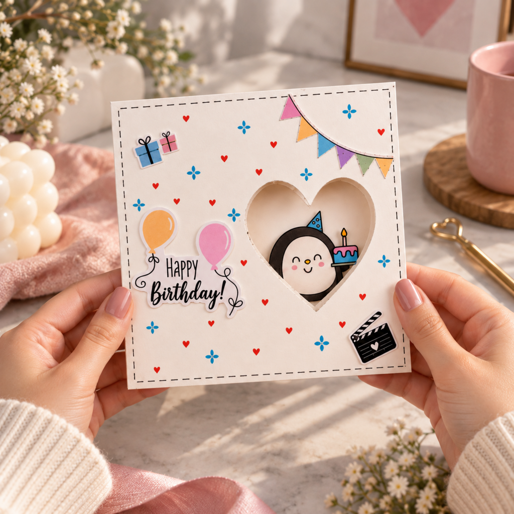 A person holds a square birthday card with a heart-shaped cutout window showing a penguin character. The card has colorful party-themed graphics including balloons, gifts, stars, and the text 'Happy Birthday!'.