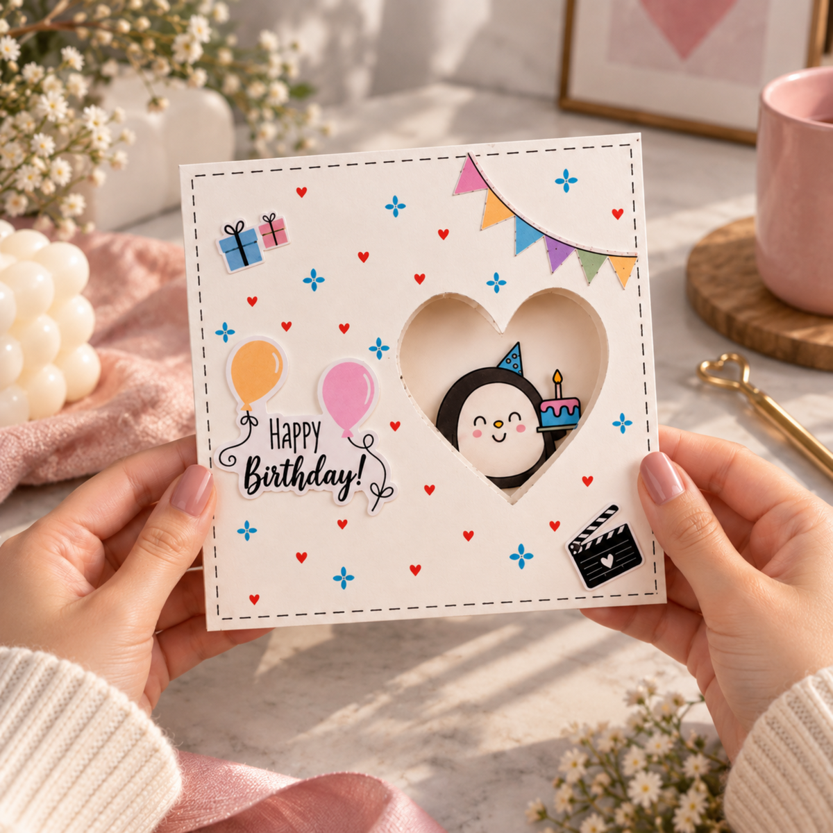 A person holds a square birthday card with a heart-shaped cutout window showing a penguin character. The card has colorful party-themed graphics including balloons, gifts, stars, and the text 'Happy Birthday!'.