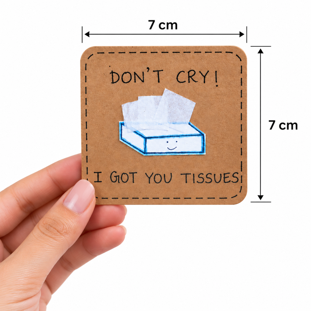 A hand holds a small square brown tissue-shaped novelty item with printed text reading “DON’T CRY! I GOT YOU TISSUES” and a simple tissue illustration. Black dimension arrows and labels indicate 7 cm by 7 cm on a white background.