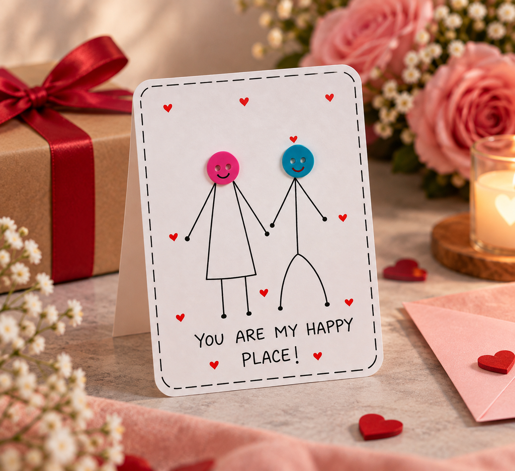 A handmade Valentine's Day greeting card featuring a stick figure couple with pink and blue circular heads and the text 'YOU ARE MY HAPPY PLACE!'. The card is displayed on a tabletop surrounded by pink roses, a brown gift box with a red ribbon, a lit candle, and small red hearts.