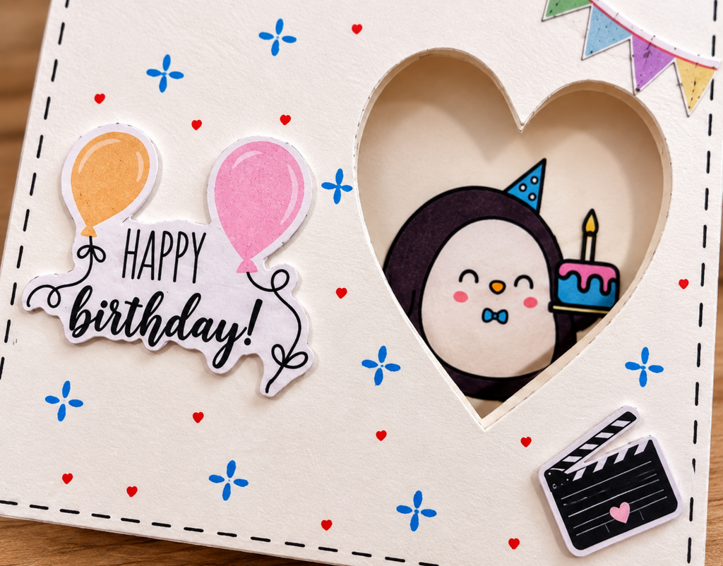 A close-up of a handmade birthday card featuring a heart-shaped cutout with a penguin wearing a party hat and holding a birthday cake. The card is decorated with blue and red starburst patterns, a 'Happy birthday!' banner with balloons, and a clapperboard sticker.