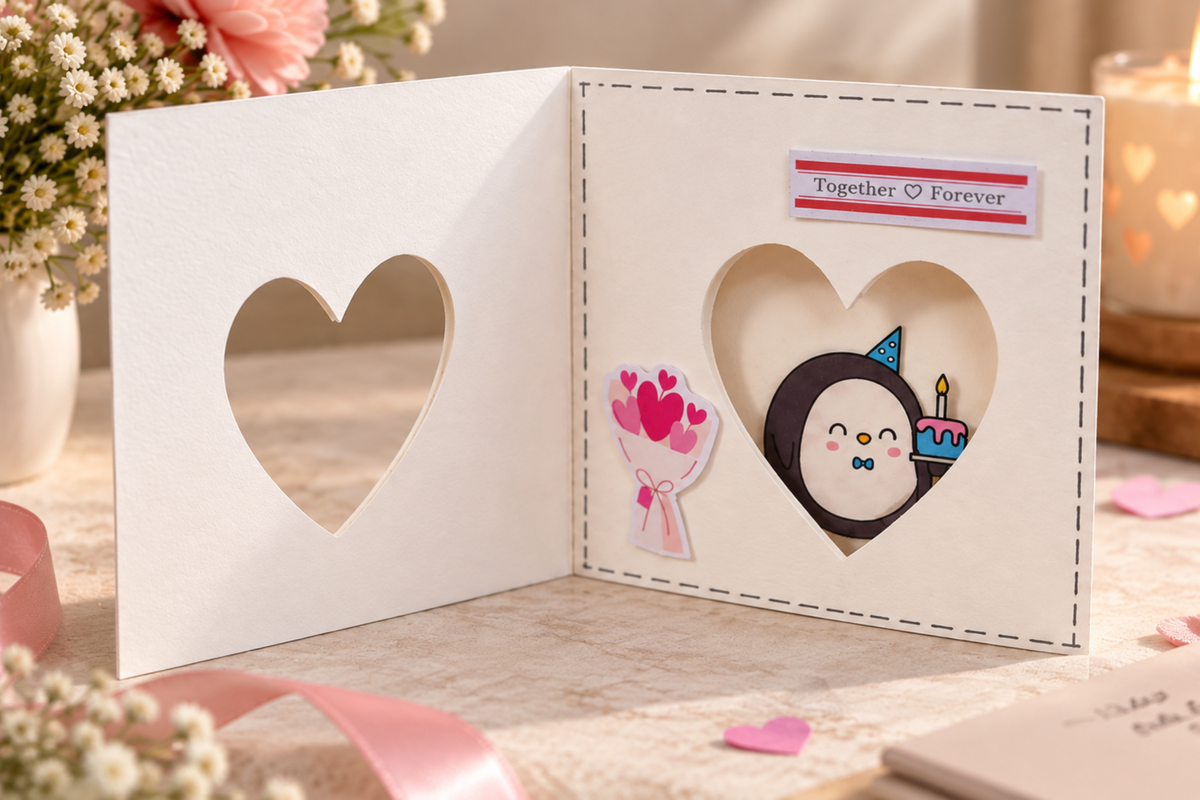 A handmade white pop-up greeting card displayed open on a tabletop, featuring heart-shaped cutouts, a cute penguin with a party hat and birthday cake, a pink flower bouquet, and a 'Together Forever' label. The card is styled with pink ribbons, flowers, and a lit candle in the background.