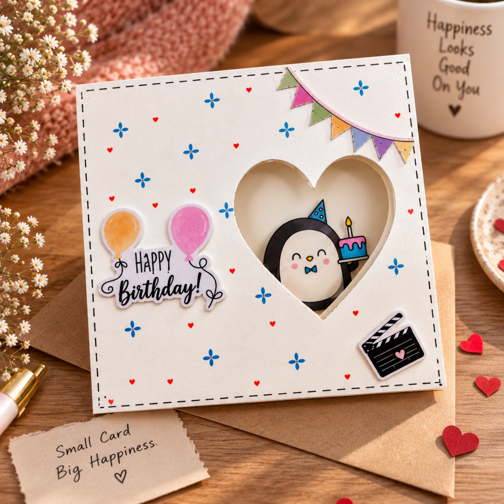 A handmade square birthday card with a heart-shaped cutout revealing a penguin holding a birthday cake, styled on a wooden table with decorative props including a mug, dried flowers, and small red hearts.