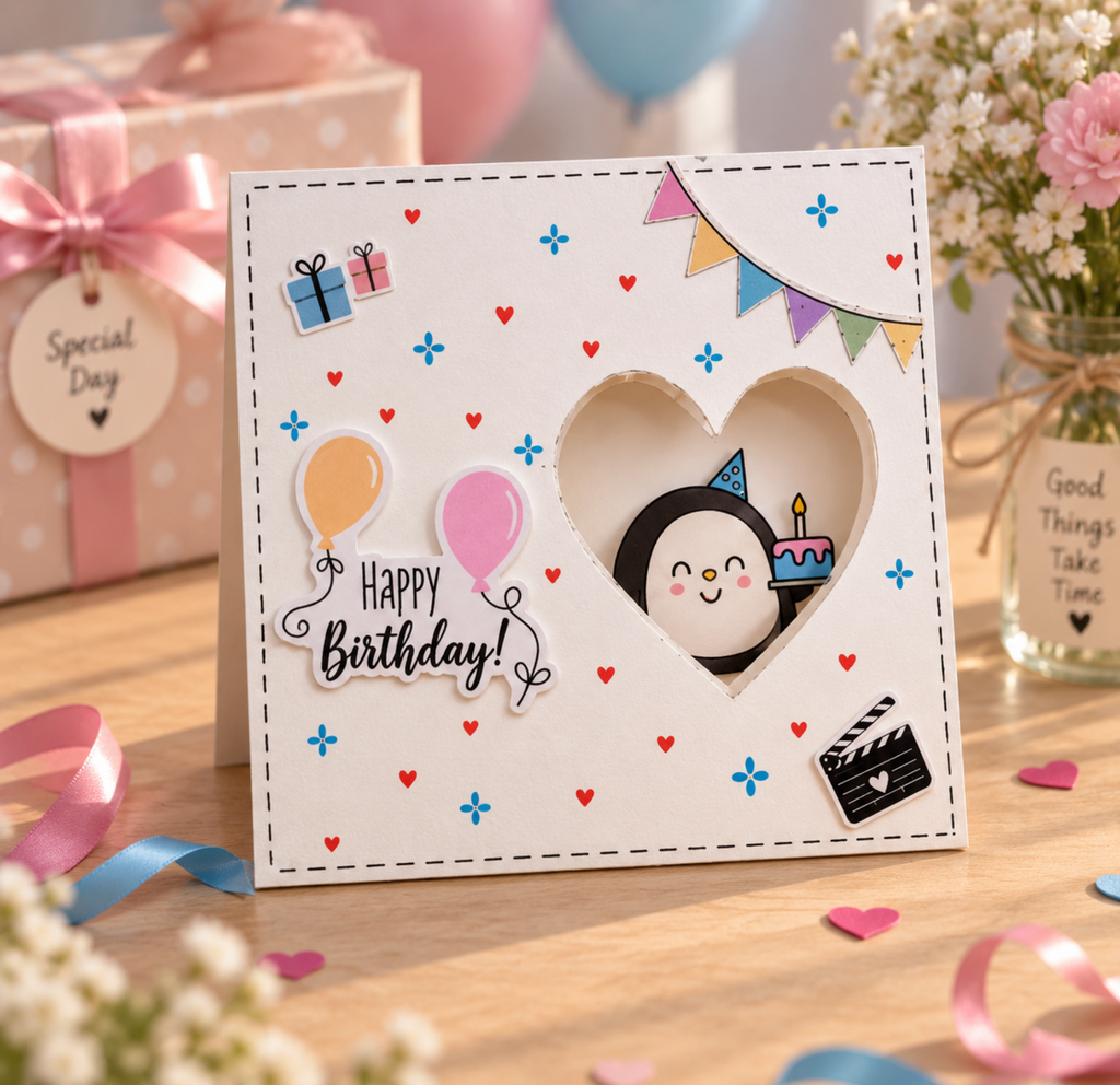 A handmade square birthday card with a heart-shaped cutout showing a cartoon penguin holding a birthday candle, styled on a wooden table with balloons, ribbons, and gift boxes in the background.