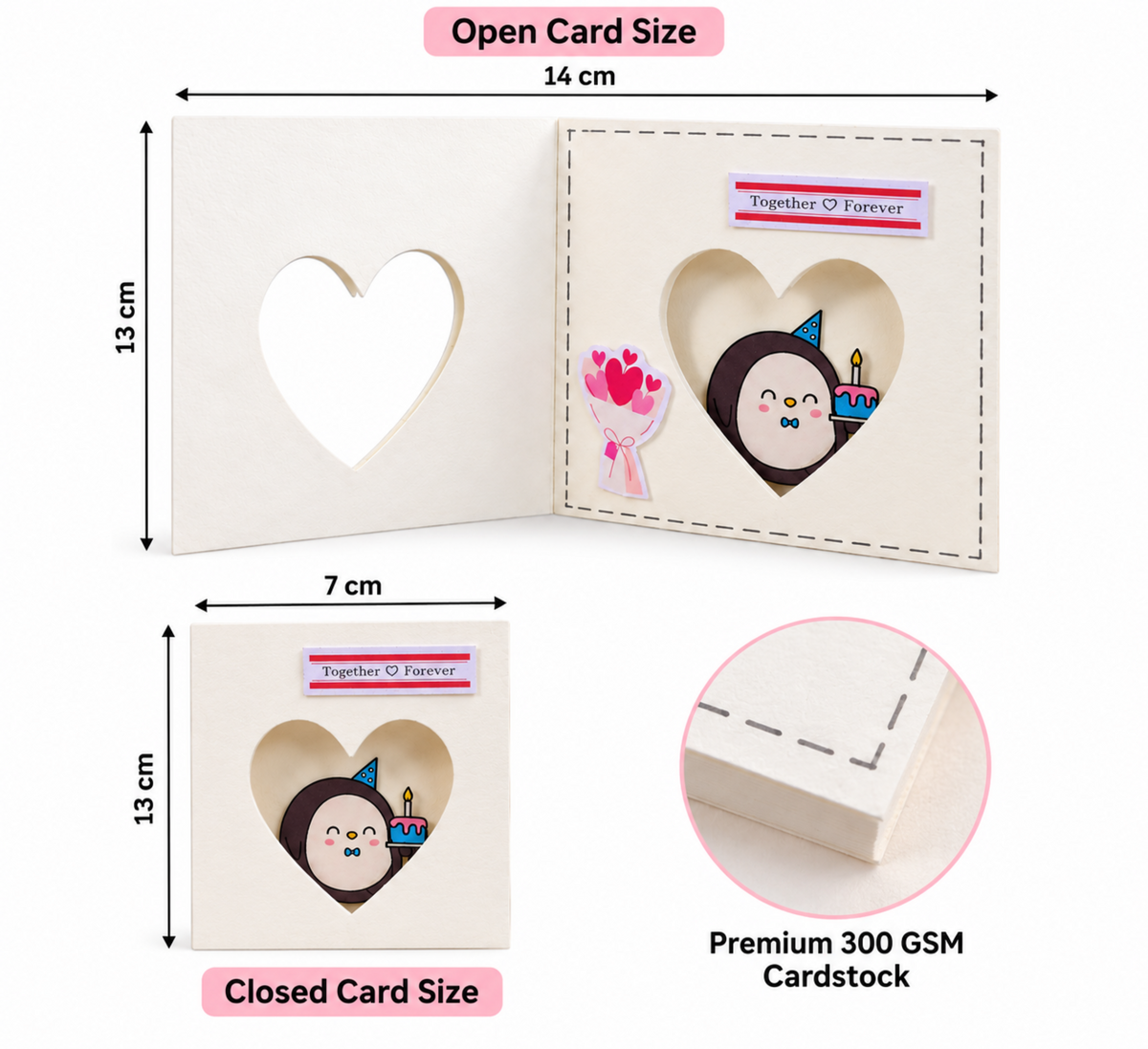A product infographic showing a 3D pop-up card in both open and closed states, with dimensions labeled as 14 cm by 13 cm when open and 7 cm by 13 cm when closed. A circular inset shows a close-up of the premium 300 GSM cardstock texture.