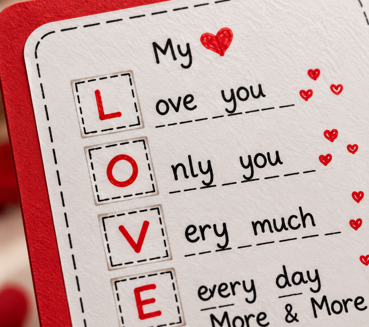 A close-up of a handmade greeting card featuring a white textured paper insert with printed black text and red accents. The card reads 'My love you only you very much every day More & More' with the word 'LOVE' spelled out in large red letters inside dashed boxes on the left, set against a red cardstock background.