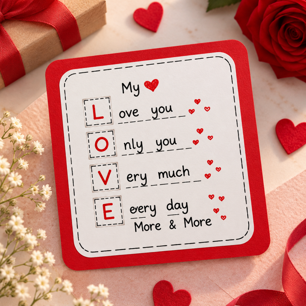A square red and white greeting card with the message 'My love you, O nly you, Very much every day More & More' arranged to spell LOVE. The card is styled on a light pink surface with red hearts, white flowers, a wrapped gift box, and a red rose.