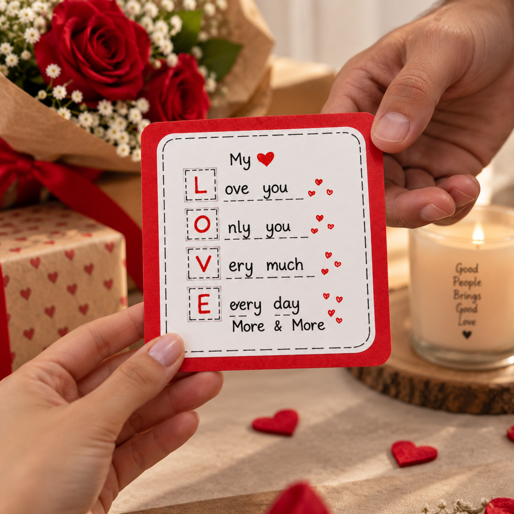 A person holds a square red-bordered card with a white center that reads 'My love you very much More & More' with small red hearts. The scene includes hands, red roses, a candle, and gift boxes in a warm, styled setting.