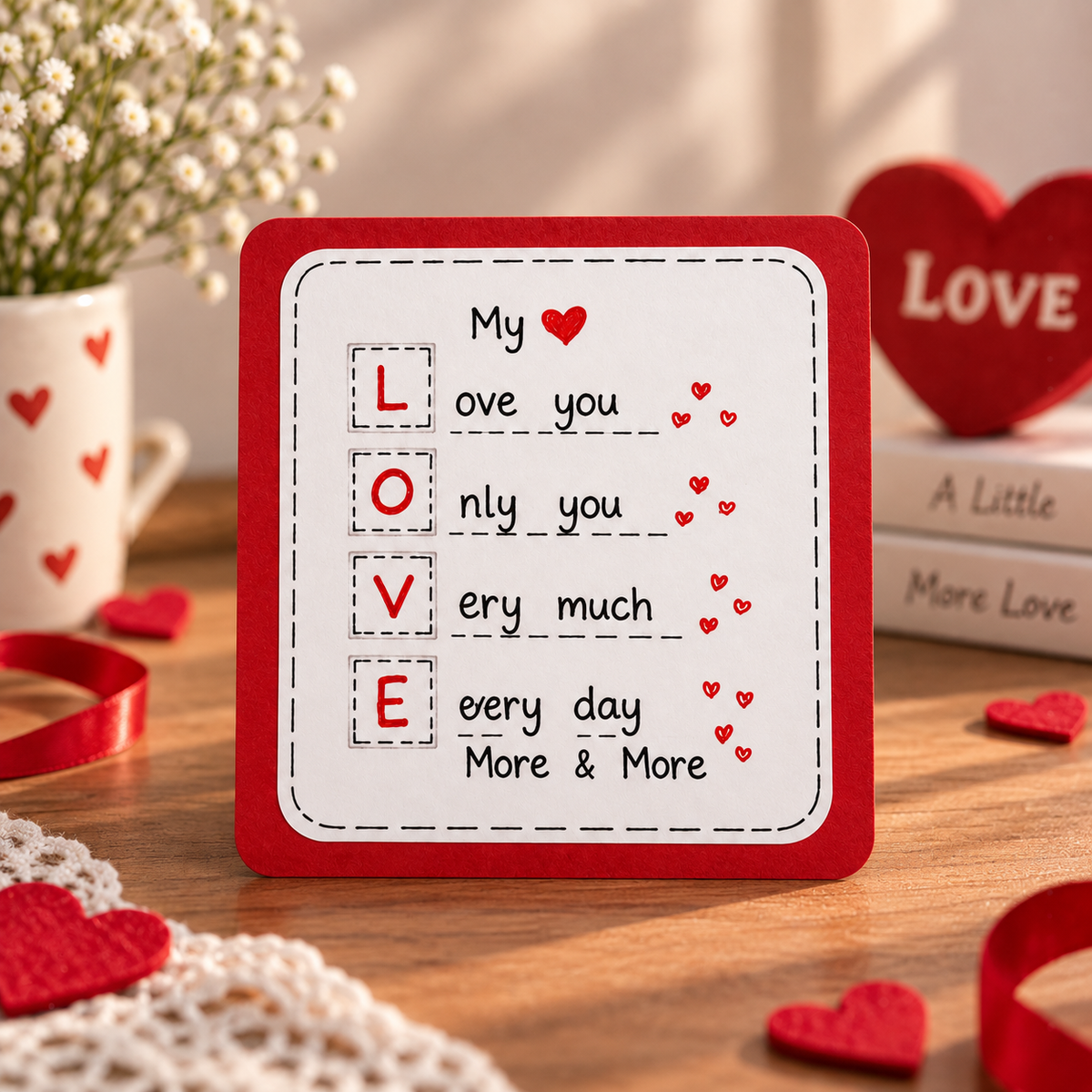 A square handmade greeting card with a red border and white center, reading 'My love you very much every day More & More' with the word 'LOVE' spelled out in letters. The card is displayed on a wooden table with Valentine's themed decorations including red hearts, a ribbon, and a vase of baby's breath.