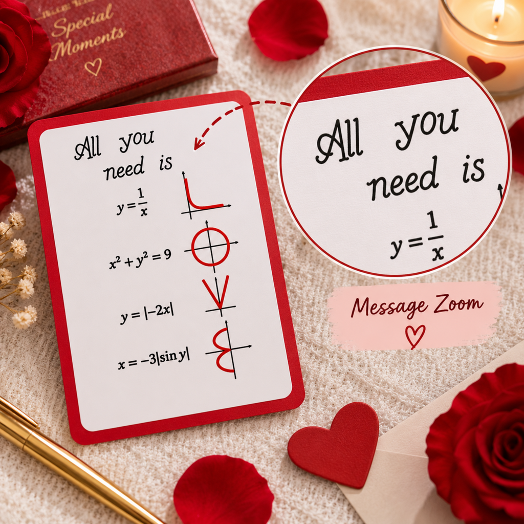 A red and white Valentine's Day message card with mathematical love-language equations, shown with a circular 'Message Zoom' inset and romantic props including red roses, heart-shaped candies, a candle, and a gold pen on a textured cream fabric background.