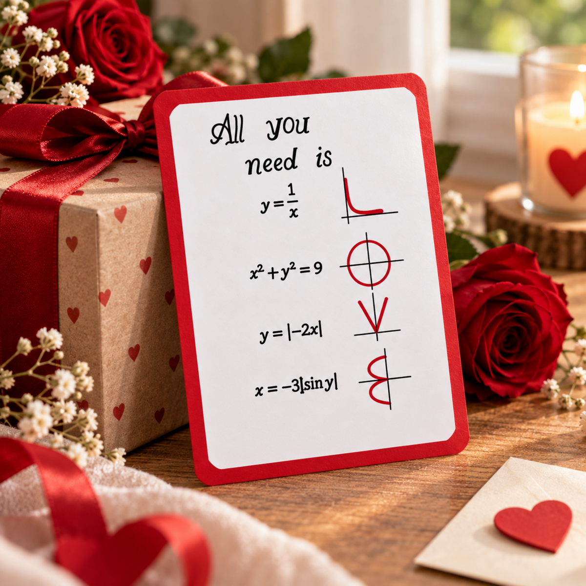 A Valentine's Day themed math card with a red border and equations representing heart shapes, styled on a wooden table with a wrapped gift, red roses, and a lit candle.