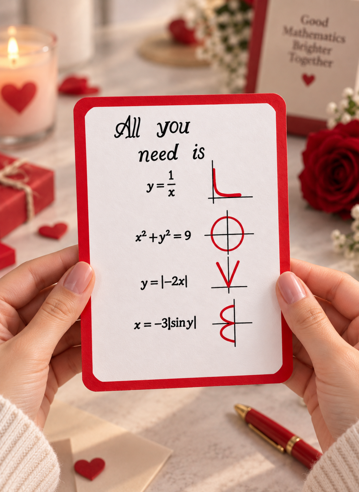 A person holds a white square card with a red border, featuring the phrase 'All you need is' followed by equations that spell out LOVE when the red symbols are interpreted as L, O, V, E. The background is a softly blurred Valentine-themed setting with red roses, a candle, gift boxes, and a red pen.