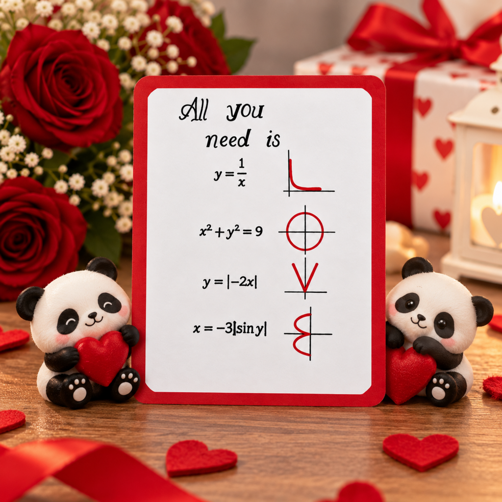 A square white card with a red border displays the phrase 'All you need is' followed by equations that spell out LOVE, styled on a wooden surface with red hearts, panda figurines, roses, and gift boxes in the background.