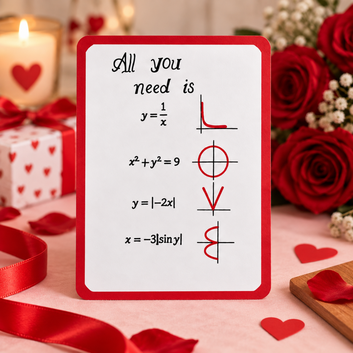 A square white card with a red border and handwritten-style equations spelling out the word LOVE, styled on a pink surface with red roses, heart-shaped candies, a candle, and gift boxes in the background.