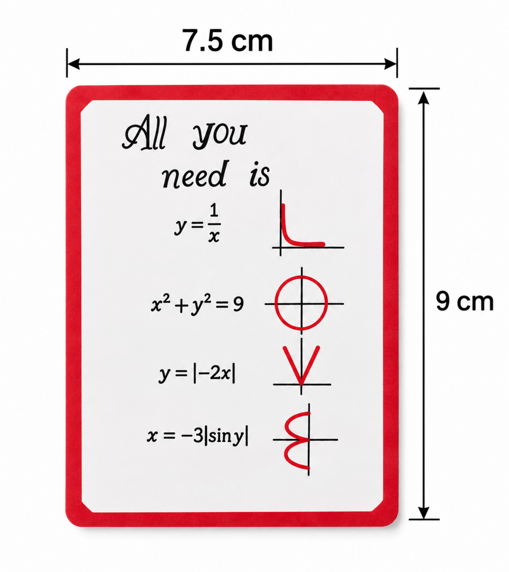 A white rectangular sign with a red border and rounded corners, featuring mathematical curve diagrams and equations with text reading 'All you need is' and dimensions marked 7.5 cm and 9 cm around it.