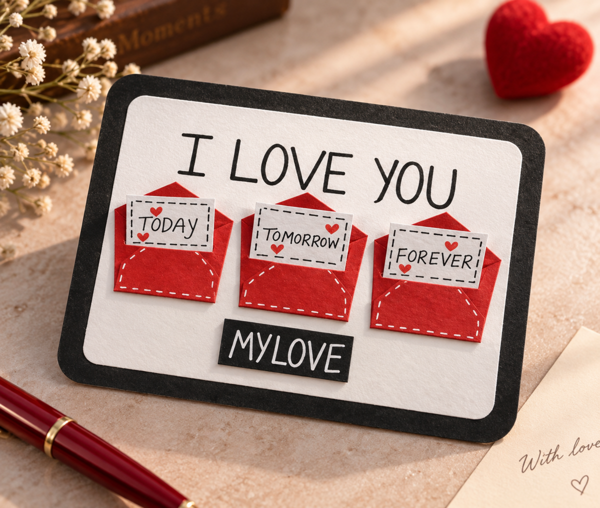 Handmade Valentine’s Day greeting card with three red envelope pockets and romantic love messages inside the envelopes.
