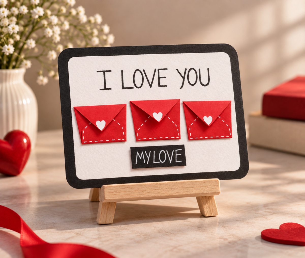A handmade Valentine's Day canvas art print on a small wooden easel stand. The white canvas features a black border, the text 'I LOVE YOU' in black lettering, three red felt envelopes with white hearts, and a small black felt label reading 'MY LOVE'.