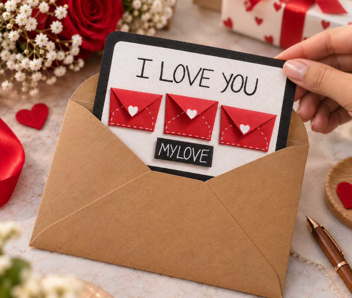 A handmade Valentine's Day card reading 'I LOVE YOU' with three red felt envelopes and a black label that says 'MY LOVE', held in a brown kraft envelope. A hand is holding the card, with romantic props like red roses, baby's breath, a wrapped gift, and a pen in the background.